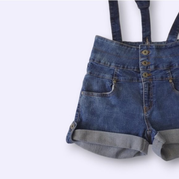 True Vintage Y2K Retro High Rise Overall Denim Shorts - Picture 2 of 15